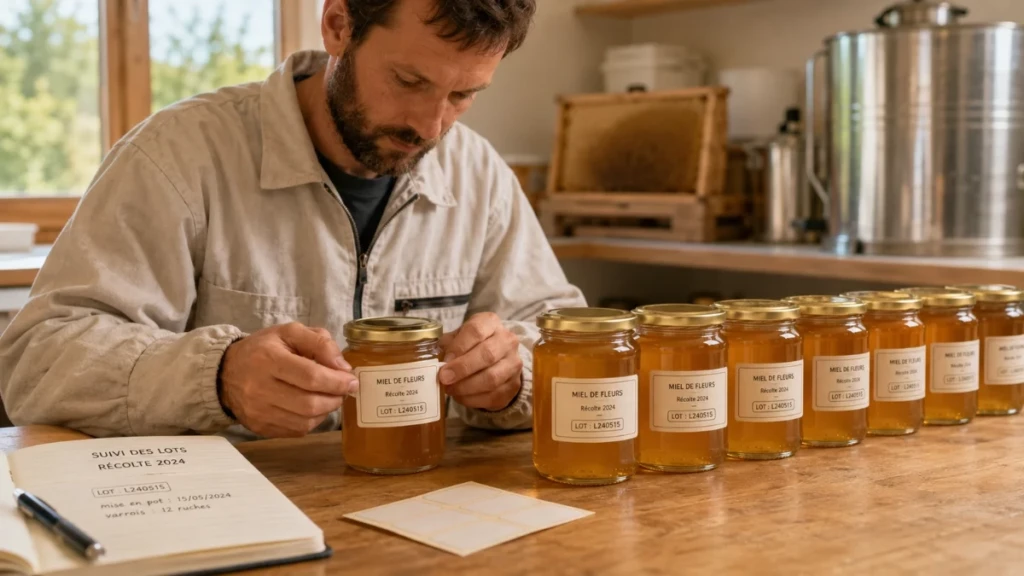 Apiculteur étiquetant plusieurs pots de miel avec un numéro de lot pour assurer la traçabilité de la récolte.