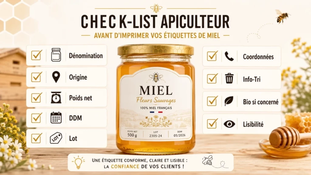Checklist visuelle des mentions à vérifier avant d’imprimer une étiquette de pot de miel.