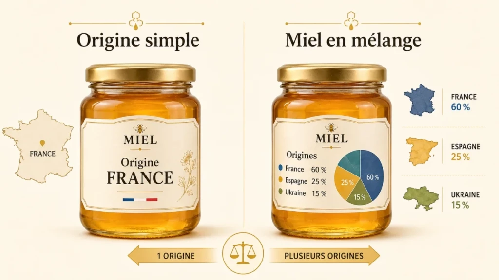 Comparaison visuelle entre un miel d’origine France et un miel en mélange avec plusieurs pays d’origine indiqués en pourcentage.
