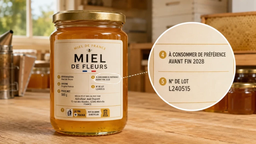 Exemple de date de durabilité minimale affichée sur une étiquette de pot de miel.