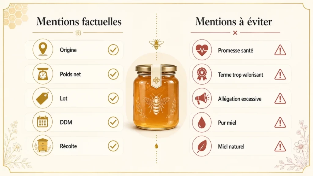 Infographie comparant les mentions factuelles autorisées et les mentions à éviter sur une étiquette de miel.