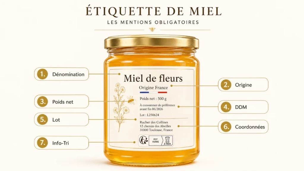 Infographie montrant les principales mentions obligatoires à placer sur une étiquette de pot de miel.