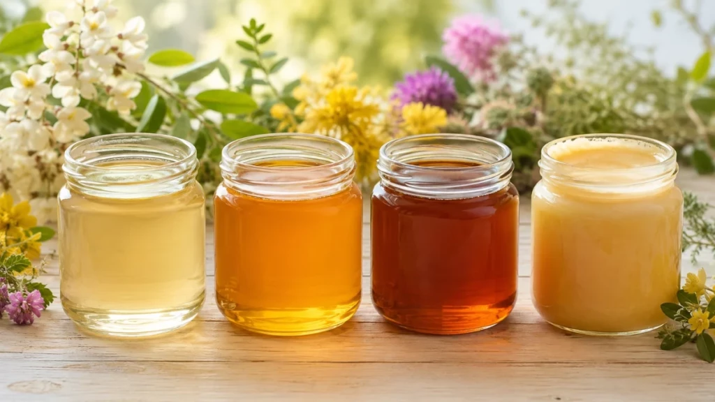 Plusieurs pots de miel aux couleurs différentes représentant des origines florales variées comme acacia, fleurs ou châtaignier.