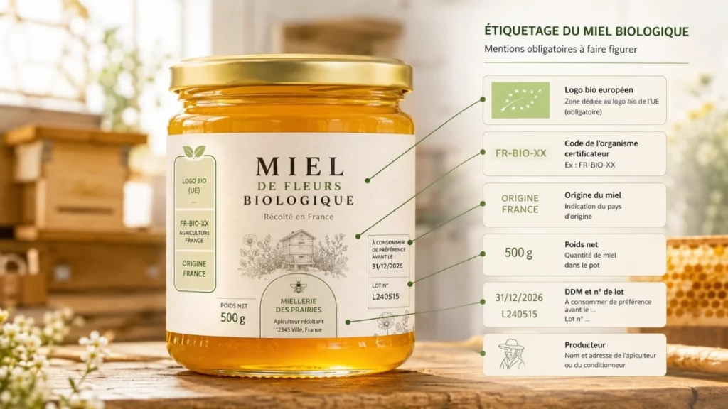 Pot de miel bio avec les emplacements visuels pour le logo bio européen, le code certificateur et l’origine du miel.