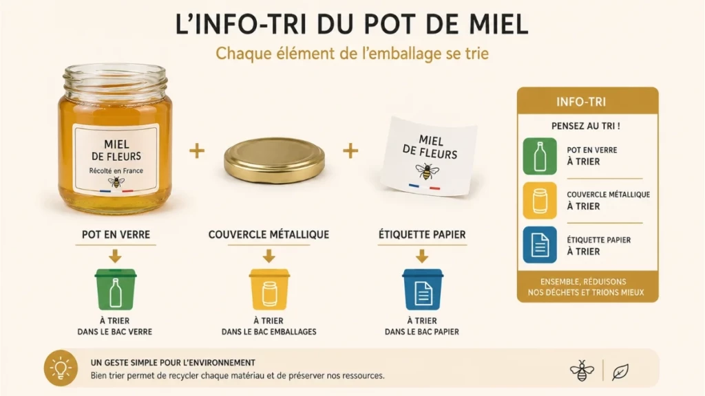 Schéma expliquant le tri du pot de miel, du couvercle métallique et de l’étiquette papier grâce à l’Info-Tri.
