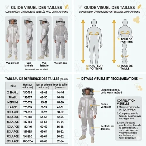Combinaison apiculteur – Toile légère et ventilée avec chapeau rond Guide des tailles combinaisons avec tableau de référence (en cm)