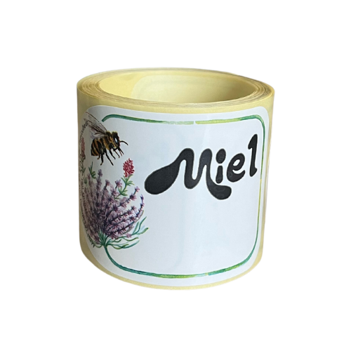 Étiquette « miel 500g » avec fleur et abeille, le rouleau de 100 — Apistore