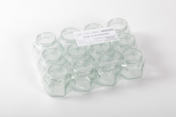 Pot verre 105ml, TO53 hexagonal, le pack de 12
