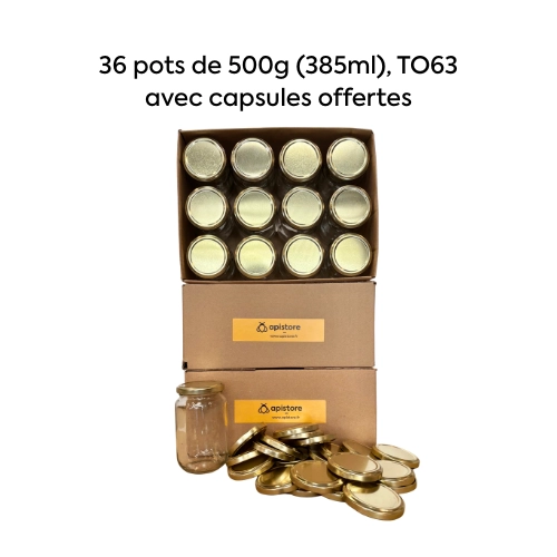 Pot en verre 500g (385ml) TO63, pack de 36, avec capsules or — Apistore — photo 1 sur 2