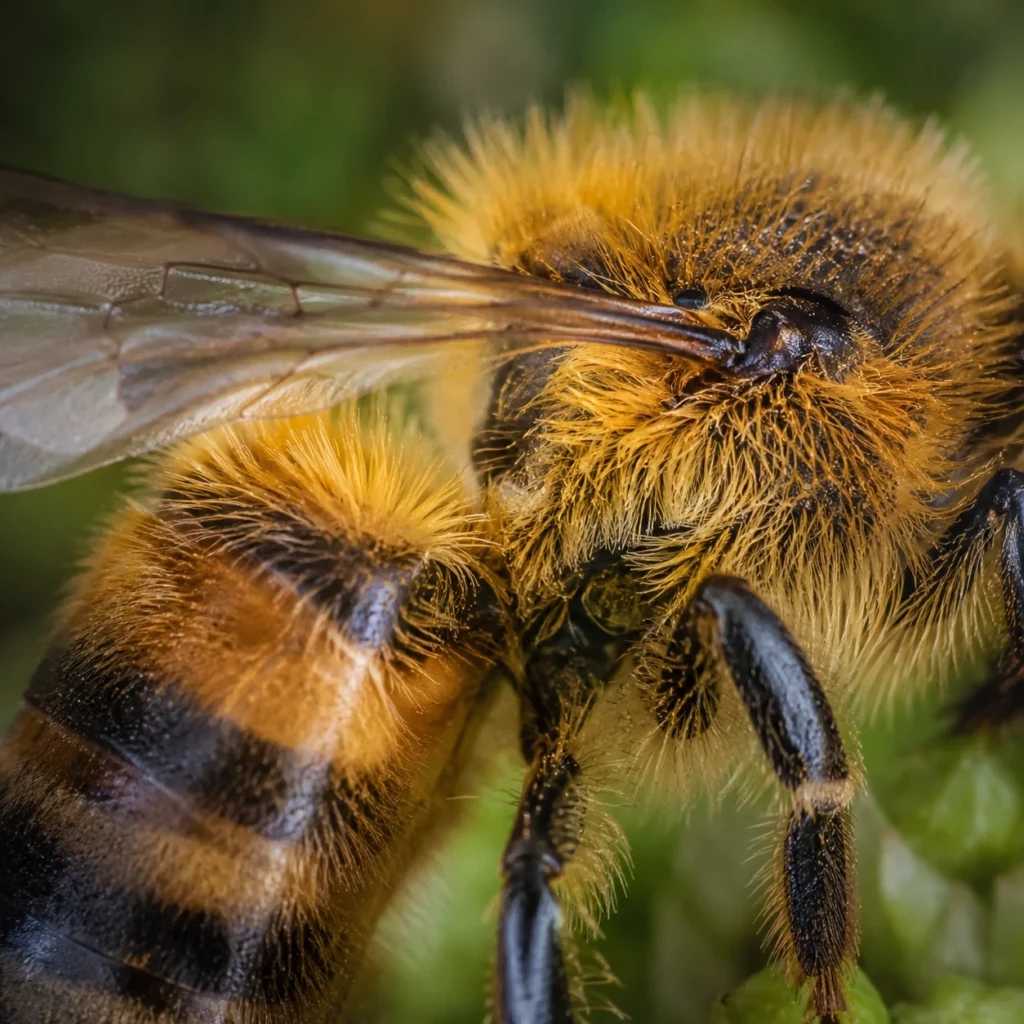 Gros plan corps velu d'une abeille domestique montrant la pilosité dense caractéristique