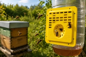 Grille piège Neoppi jaune installée sur un piège à frelons asiatiques près d’une ruche