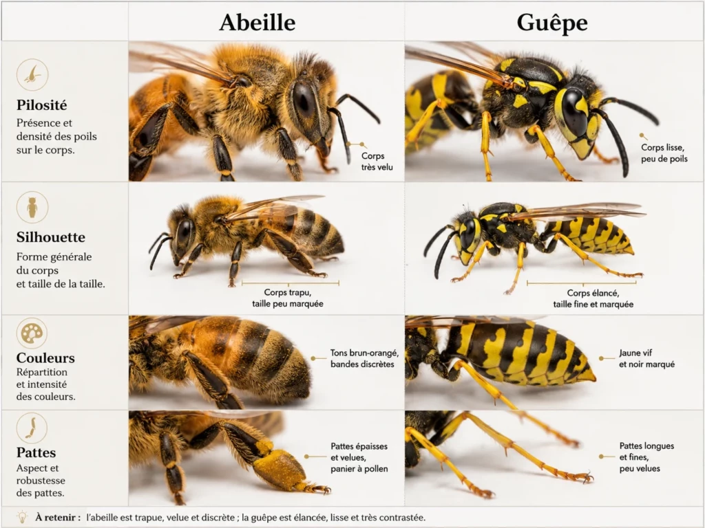 Tableau comparatif guêpe abeille : différences de pilosité, silhouette, couleurs et pattes avec photos