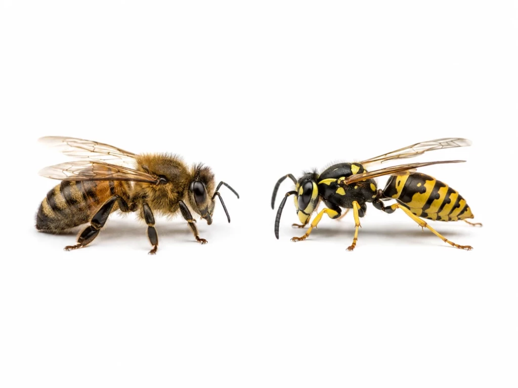 Différence entre guêpe et abeille : comparaison visuelle côte à côte montrant le corps velu de l'abeille et le corps lisse de la guêpe