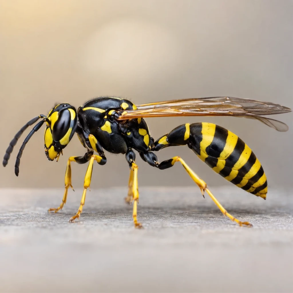 Taille fine de la guêpe : gros plan sur le rétrécissement entre thorax et abdomen et le corps lisse brillant