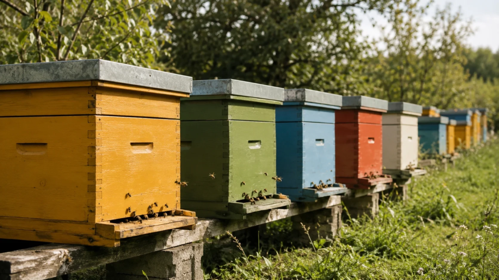 Rucher avec des ruches peintes de couleurs différentes pour limiter la dérive des abeilles