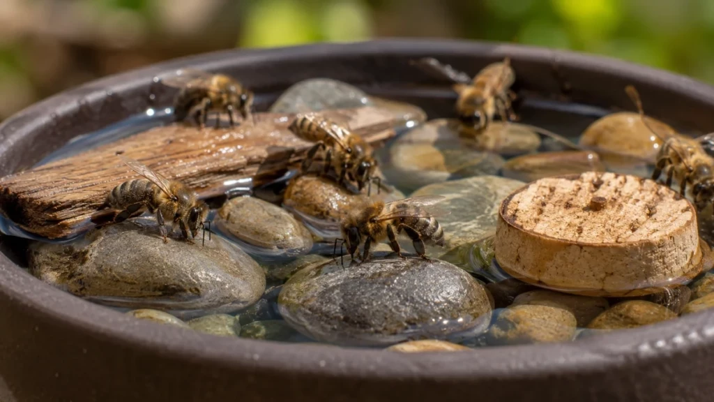 Abeilles buvant sur des cailloux et supports flottants pour éviter la noyade