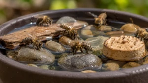 Abeilles buvant sur des cailloux et supports flottants pour éviter la noyade
