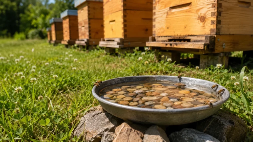 Abeilles venant boire sur un point d’eau sécurisé installé près d’un rucher