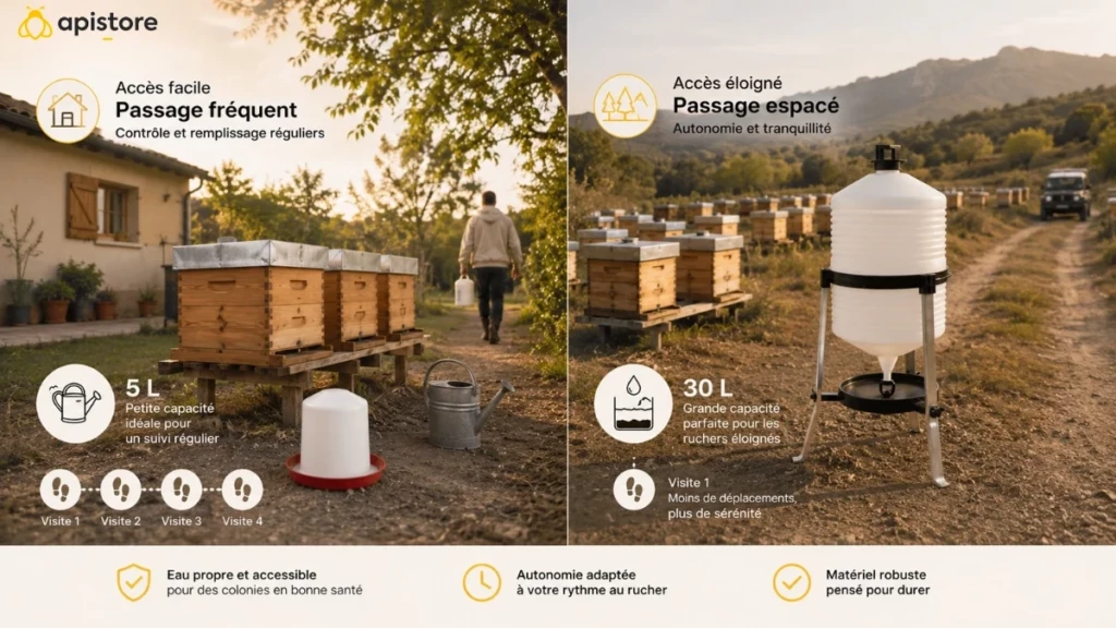 Choix d’un abreuvoir pour abeilles selon la fréquence de passage au rucher, entre modèle 5 L et grande capacité 30 L
