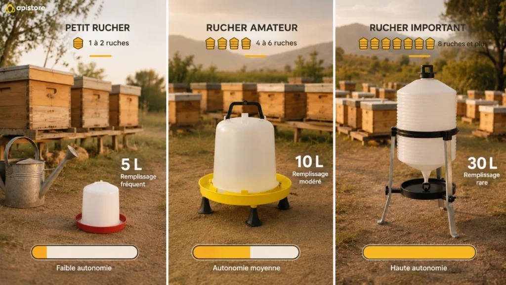 Comparaison de l’autonomie des abreuvoirs pour abeilles 5 L, 10 L et 30 L selon la fréquence de remplissage