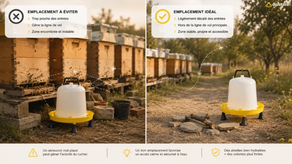 Comparaison entre mauvais et bon emplacement d’un abreuvoir pour abeilles près du rucher