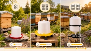 Comparatif visuel des abreuvoirs pour abeilles 5 L, siphon 10 L et 30 L selon la taille du rucher