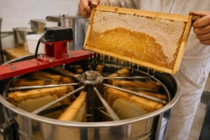 Extracteur de miel en inox en fonctionnement avec des cadres de ruche en cours d'extraction du miel.