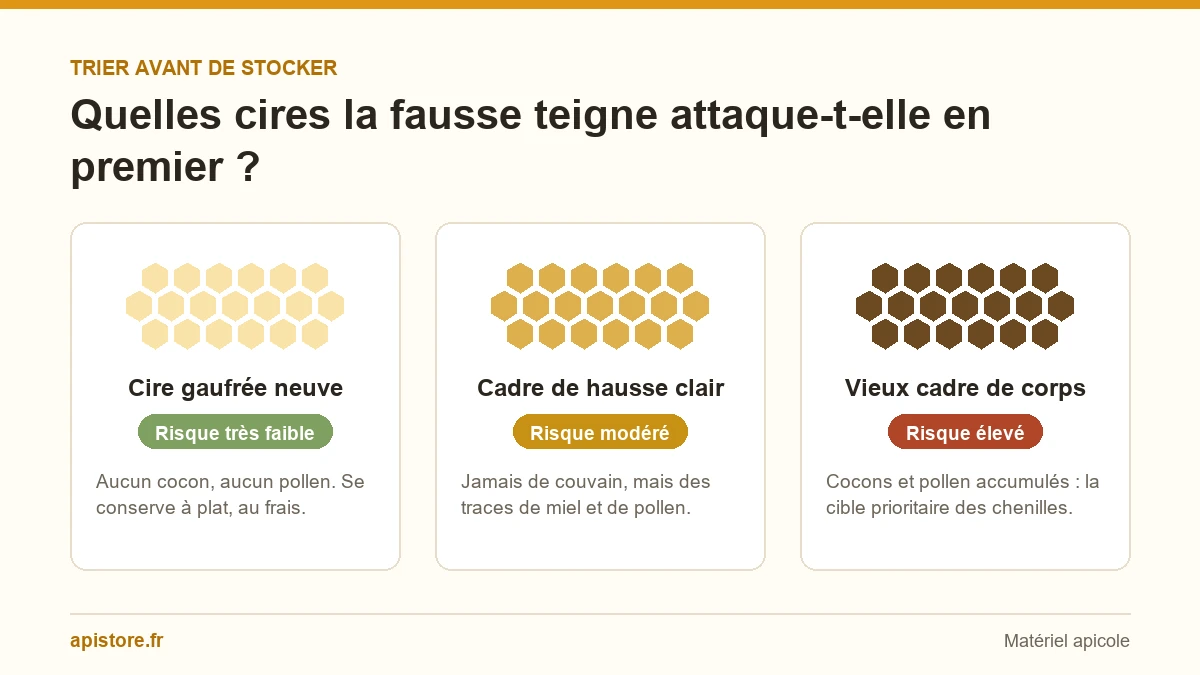 Comparatif du risque de fausse teigne selon le type de cire : cire gaufrée neuve, cadre de hausse clair et vieux cadre de corps