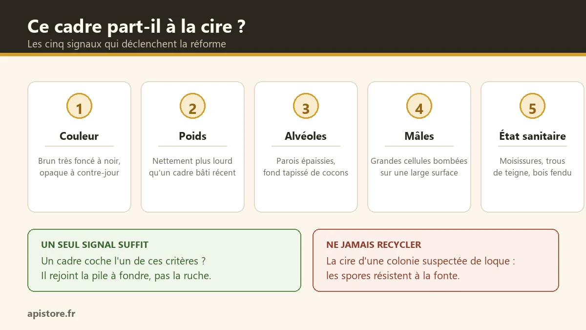 Les cinq critères pour repérer un cadre de ruche à réformer : couleur, poids, alvéoles épaissies, cellules de mâles et état sanitaire
