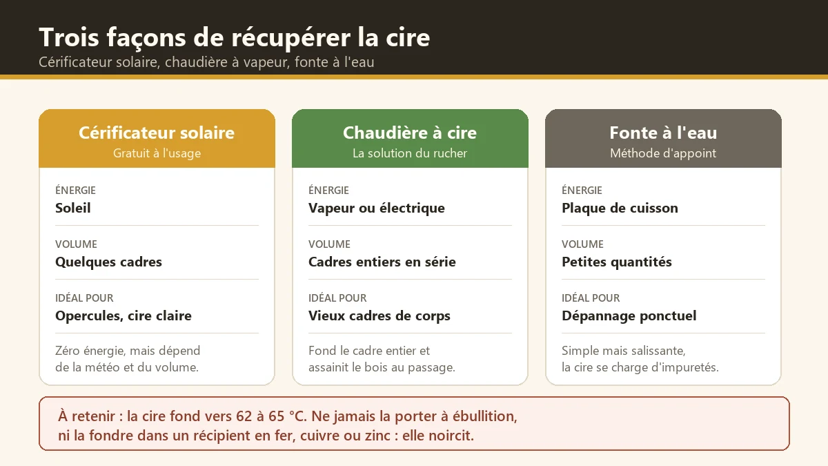 Comparatif des trois méthodes pour récupérer la cire des cadres : cérificateur solaire, chaudière à cire et fonte à l'eau