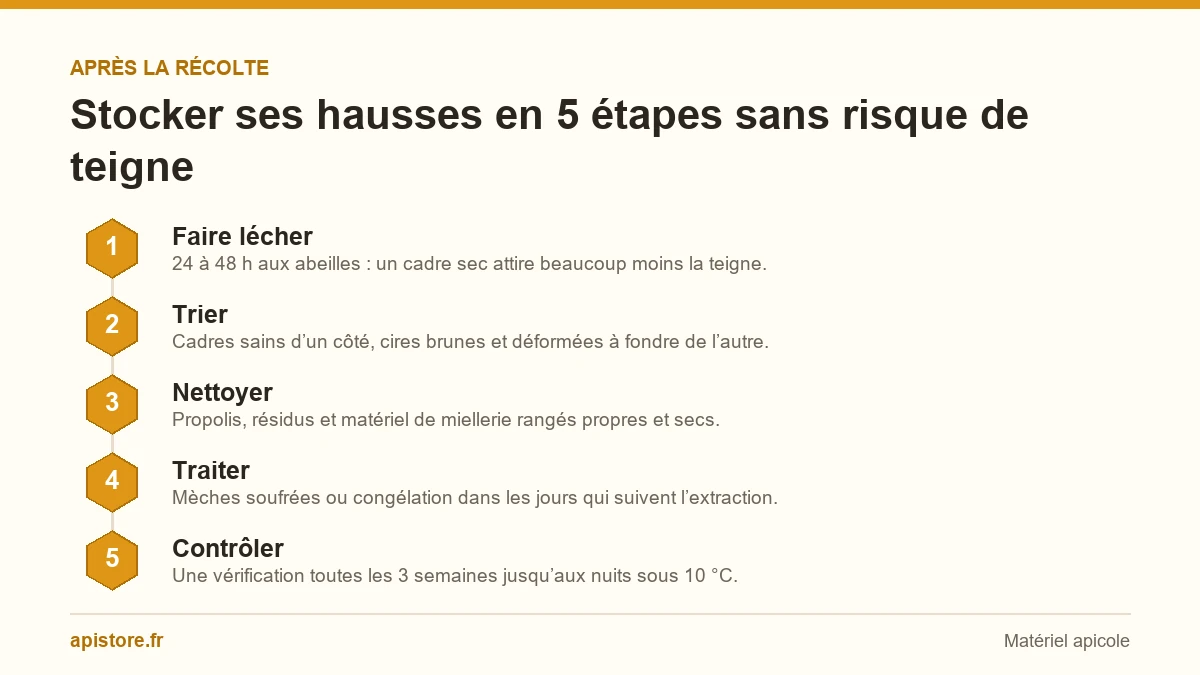 Infographie des 5 étapes pour stocker ses hausses après la récolte : faire lécher, trier, nettoyer, traiter et contrôler