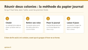 Infographie des 4 étapes de la réunion de deux colonies d’abeilles par la méthode du papier journal