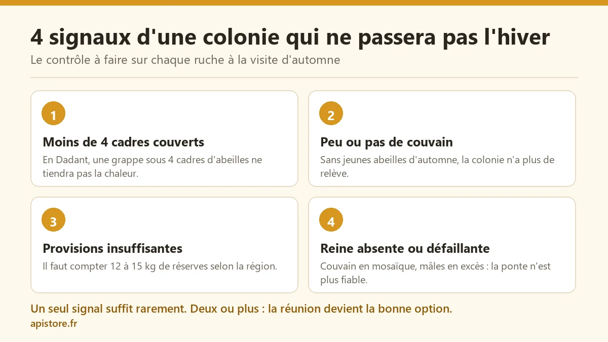Les 4 signaux d’une colonie d’abeilles trop faible pour passer l’hiver : cadres couverts, couvain, provisions et reine